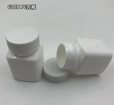 Weiße, quadratische 60-ml-HDPE-Plastikflasche für Vitaminkapseltabletten